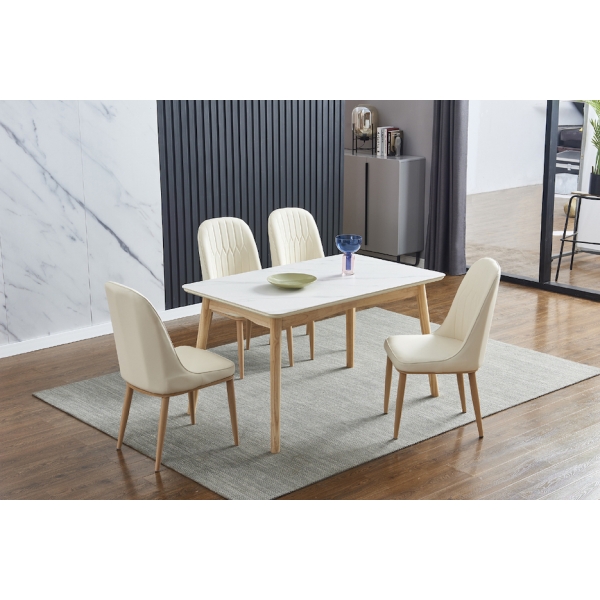 丹麥4尺白色岩板餐桌 丹麥米白皮餐椅