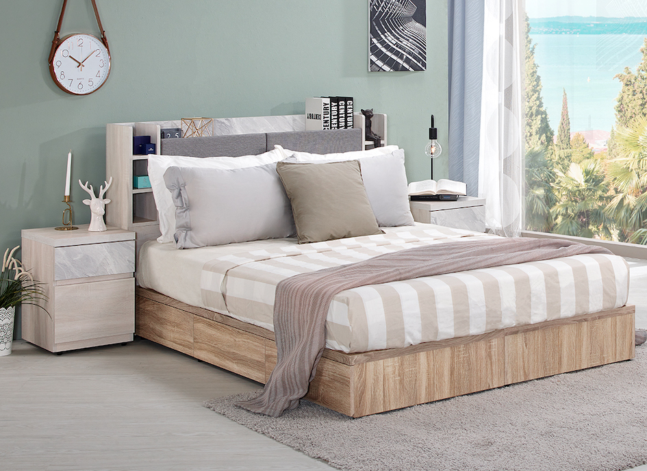 凱特5尺白木紋床頭箱 插座設計 床頭枕設計