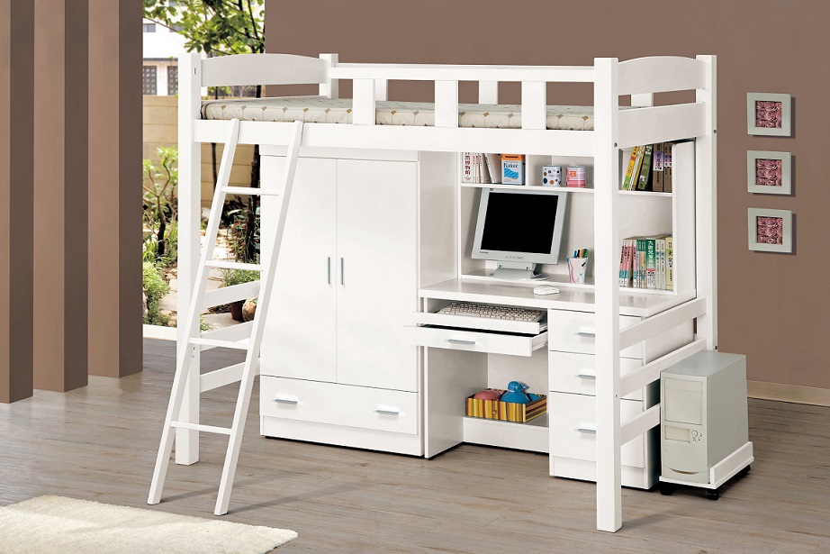 貝莎3.8尺白色多功能挑高組合床 衣櫃 電腦桌