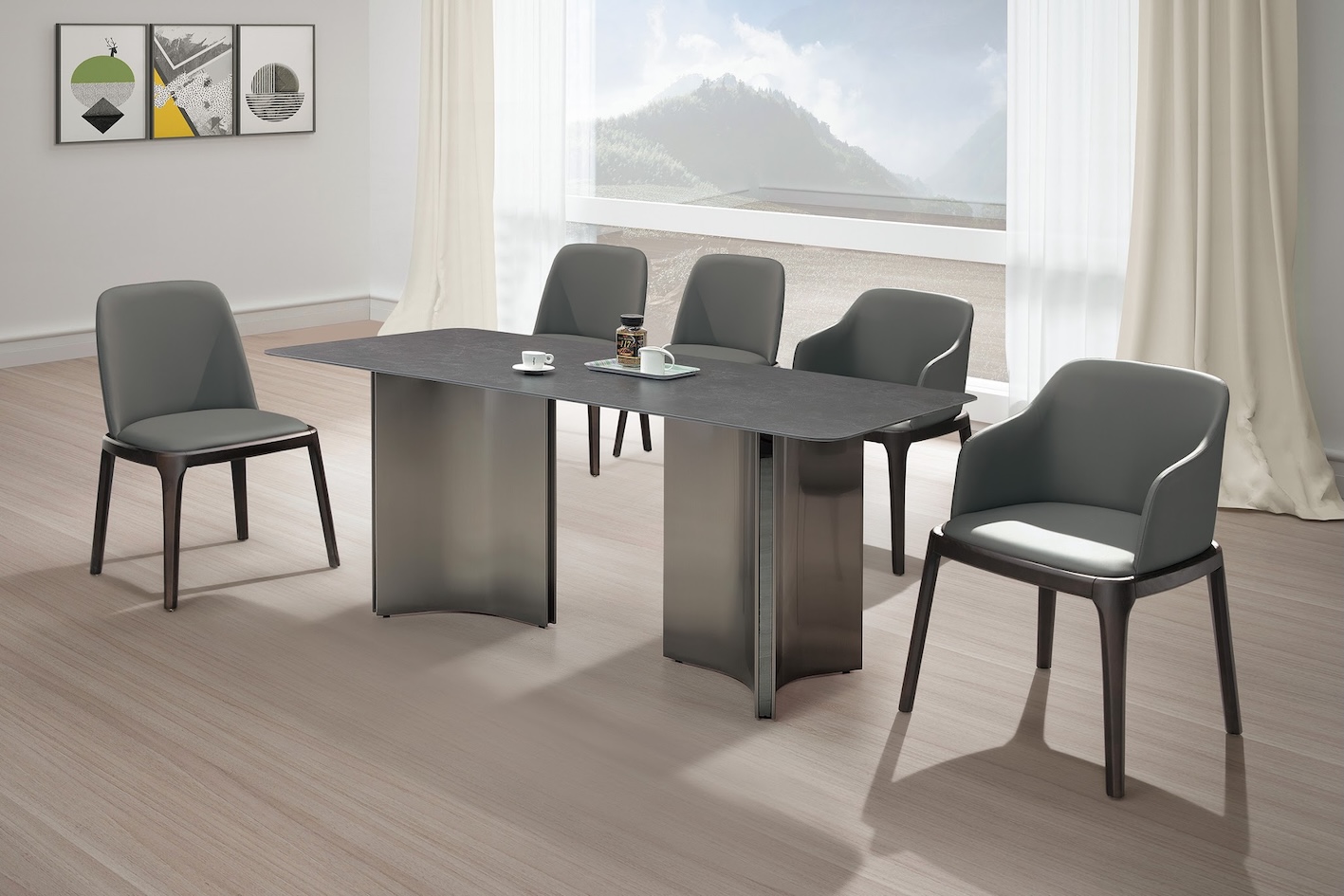 格林斯6尺岩板餐桌 拉斐爾實木餐椅